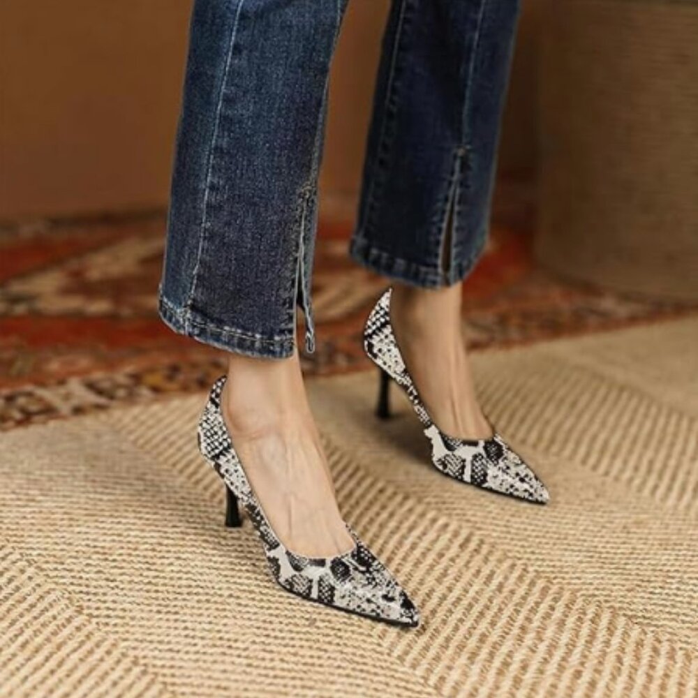 Fowt Snake Print Croc-Embossed Pointed Toe Pumps … - image 1